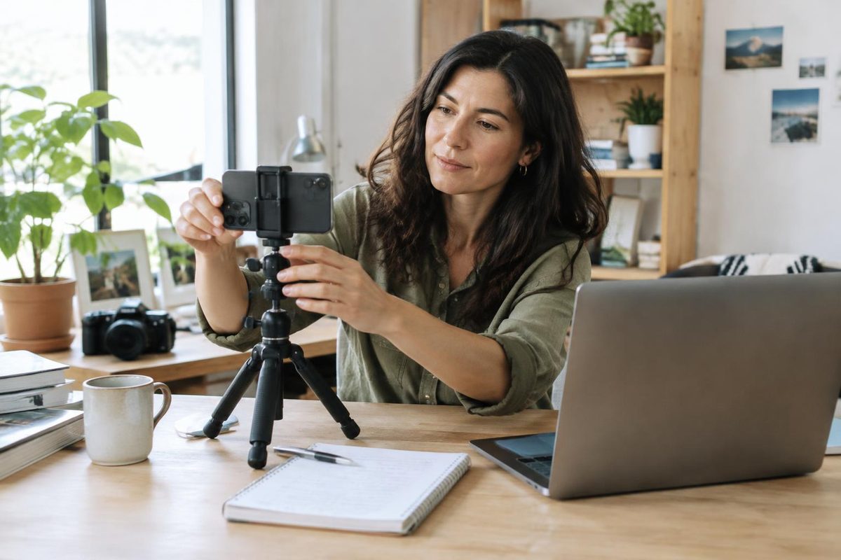 A creator adjusts a smartphone on a tabletop tripod beside a laptop and makeup supplies.