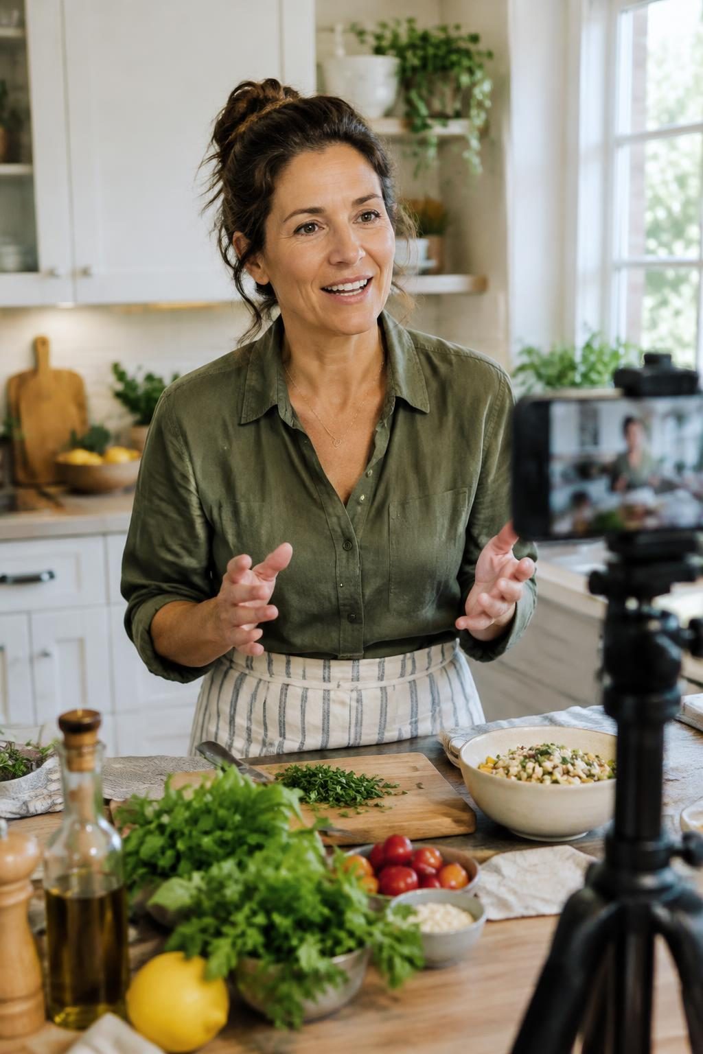 A cooking creator films a food tutorial with a smartphone in a bright kitchen.