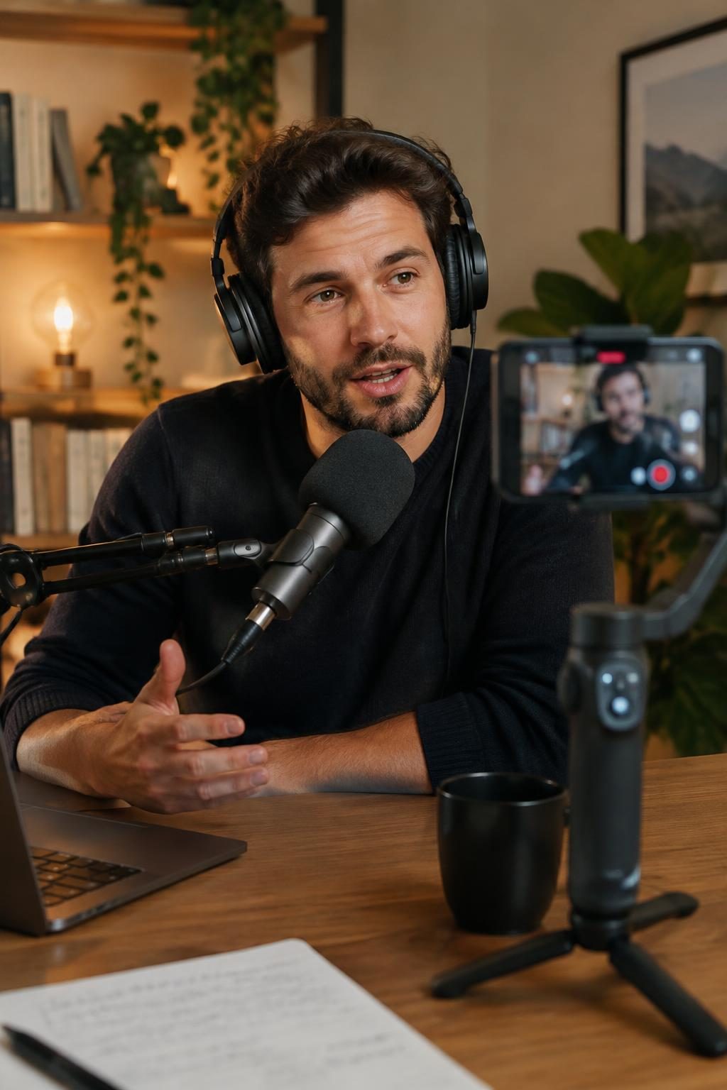 A phone on a stabilizer records a podcaster wearing headphones at a desk.