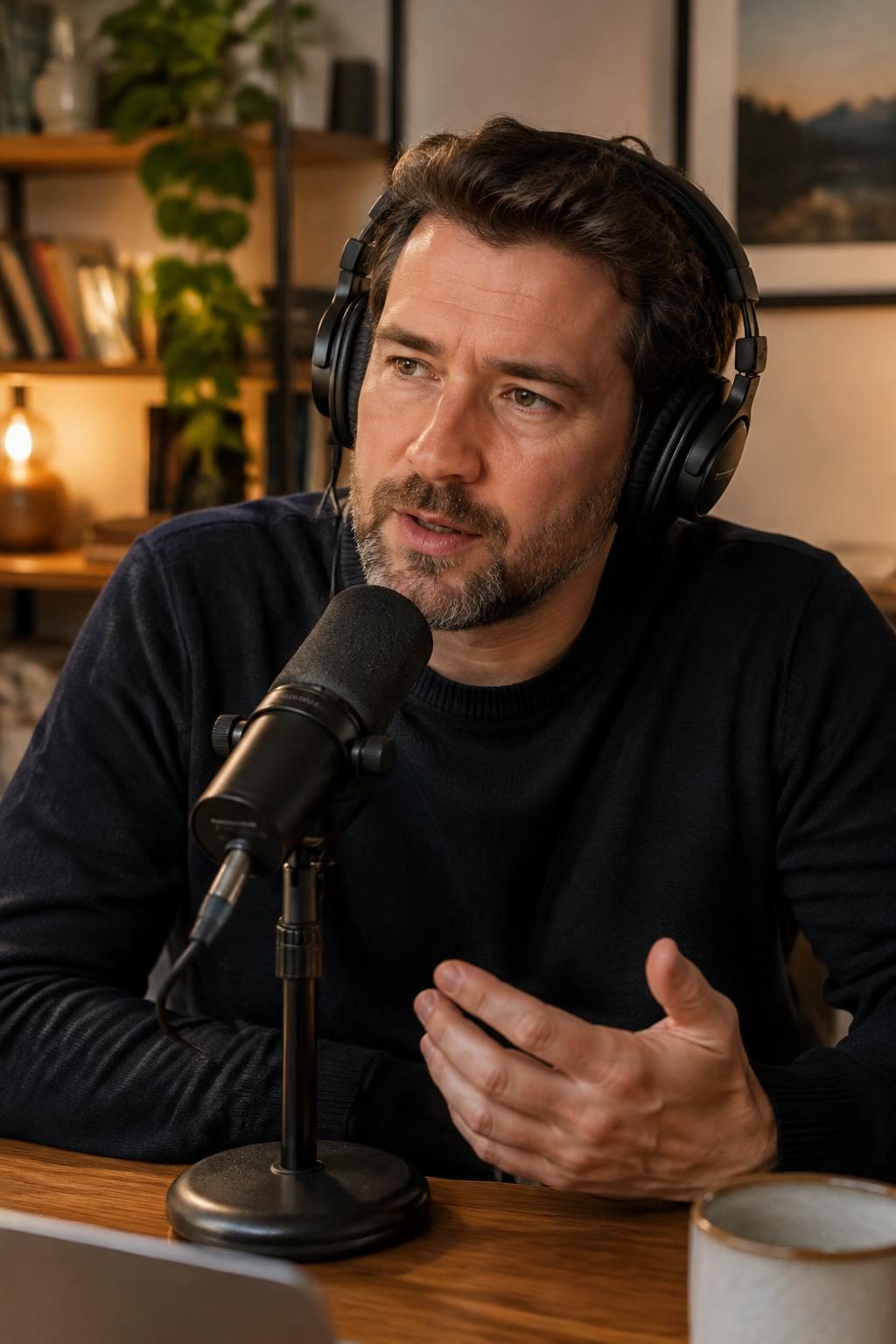 A podcaster wearing headphones speaks into a desktop microphone.